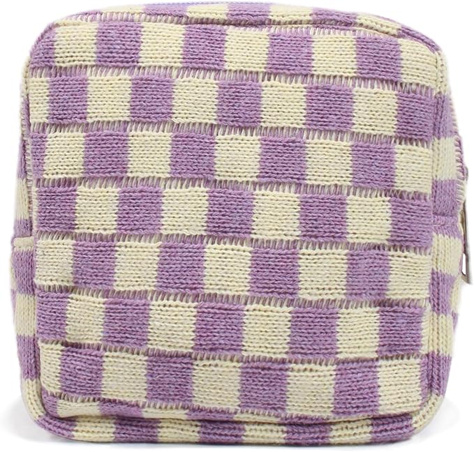 Small Purple Makeup Bag for Purse, Mini Checkered Cosmetic Bag Zipper Cute Make Up Pouch Travel Toiletry Bag Quilted Aesthetic Accessories Makeup Storage Bag Organizer for Women Girls