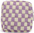 Small Purple Makeup Bag for Purse, Mini Checkered Cosmetic Bag Zipper Cute Make Up Pouch Travel Toiletry Bag Quilted Aesthetic Accessories Makeup Storage Bag Organizer for Women Girls