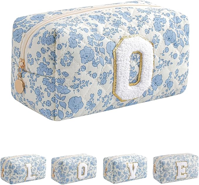 JOVAKIT Alphabet Makeup Bag Cosmetic Bag for Women, Christmas Gifts for Girls Age 6-18, Floral Flowers Coquette Travel Toiletry Zipper Make Up Pouch Organizer Trendy Stuff (Blue Floral O)