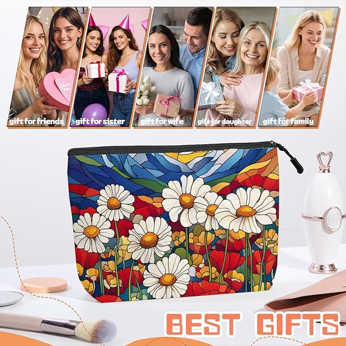 Cosmetic Bags Travel Makeup Toilet Case Waterproof Pouch for Women Girls 6.7X9.45inches - Stained - Glass Style Landscape With Daisies And Poppies