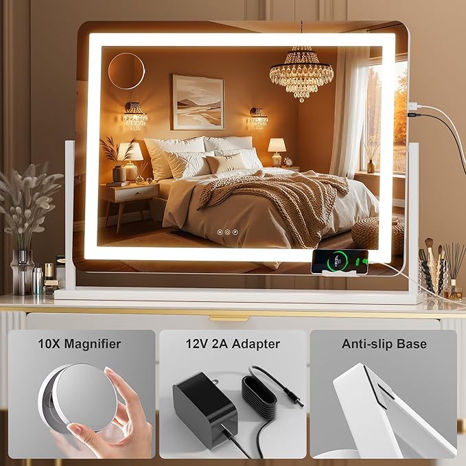Hasipu Vanity Mirror with Lights, 34.3" x 25.2" LED Makeup Mirror, Light up Mirror with 10X Magnification and Phone Holder, USB Charging Port, Smart Touch 3 Colors Dimmable (White)