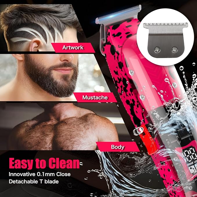 Professional Hair Clippers for Men, Cordless Barber kit for Hair Cutting & Grooming, Pink Hair Clippers and Trimmer Set for Barber Haircut with LED Display, 8 Fade Taper Combs