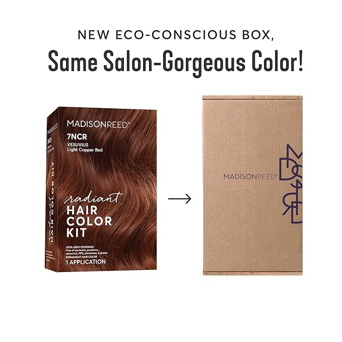 Madison Reed Radiant Hair Color Kit | 7NCR Light Copper Red (Vesuvius Red) for 100% Gray Hair Coverage | Dimensional Salon-Quality Permanent Hair Dye | PPD-Free & Ammonia-Free | 1 Pack