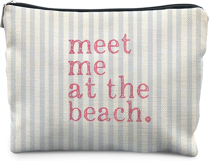 Coastal Beach Makeup Bag, Meet Me at the Beach Cosmetic Bags for Women, Gifts for Ocean Lovers, Preppy Cute Blue Striped Beachy Nautical Zipper Makeup Pouch