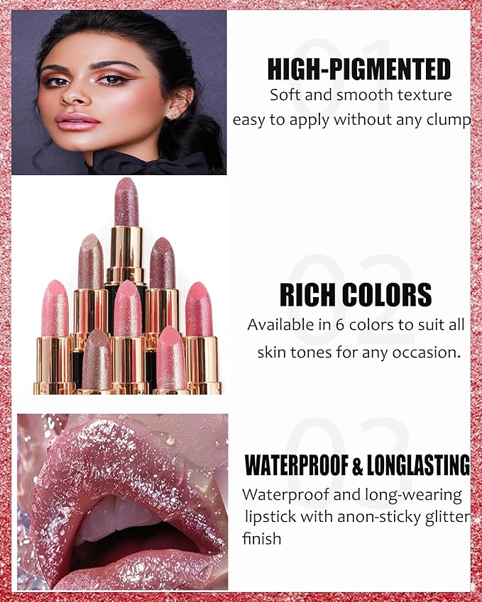 Pink Metallic Glitter Lipstick Long Lasting, Diamond Nude Shimmer Lip Gloss High Pigmented Lip Red Color Matte Lip Stick for Women, Sparkling Shiny Transfer Proof Non Stick Tinted Lip Balm Makeup-02