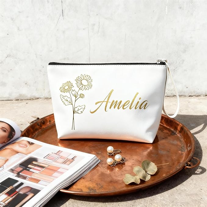 Personalized Makeup Bag Initial&Birth Flower Custom Small Travel Cosmetic Bag with Name Cute Makeup Bag for Women Girls