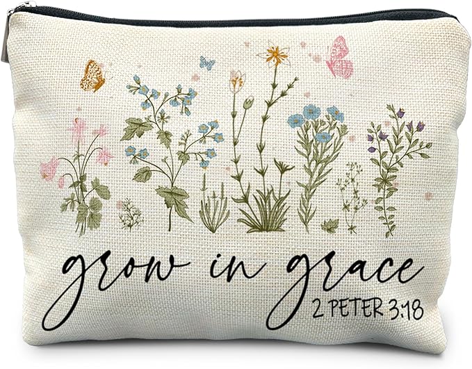 Christian Floral Makeup Bag Pouch, Grow in Grace 2 Peter 3:18, Religious Christian Gifts for Women, Bible Verse Gifts, Bible Verse Cosmetic bag