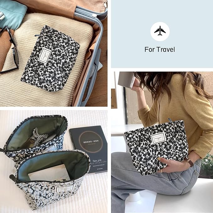 STARDW Aesthetic Floral Makeup Bag Cute Small Cosmetic Bags for Women Girls, Travel Toiletry Bag Large Capacity Zipper Makeup Pouch, Purse Organizer Pouches (Black Flowers)