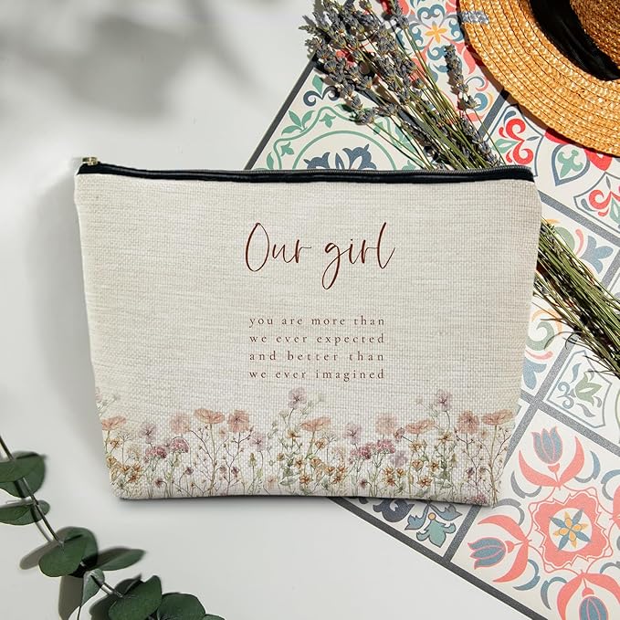 Boho Floral Girl Makeup Bag for Purse, Inspirational Wildflower Cosmetic Bag Travel Toiletry Bag for Women, Pink Flower Zipper Makeup Pouch