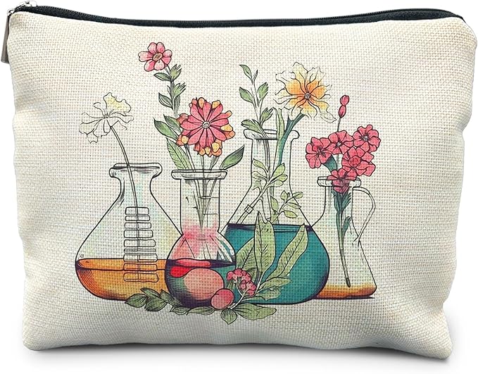 Science Teacher Gifts Makeup Bag - Floral Beakers Cosmetic Pouch