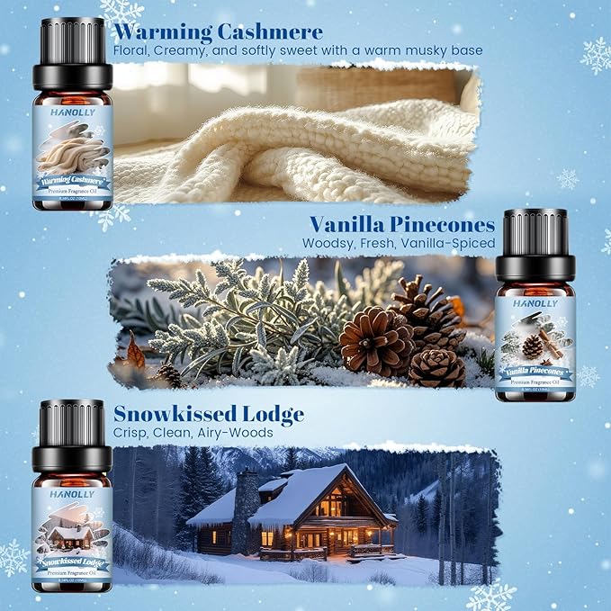 Winter Fragrance Oil Set, 6 Premium Holiday Essential Oils Set for Diffuser, Candle Making - Winter Spice, Winter Glow, Nutcracker, Warming Cashmere, Vanilla Pinecones, Snowkissed Lodge Scented Oil