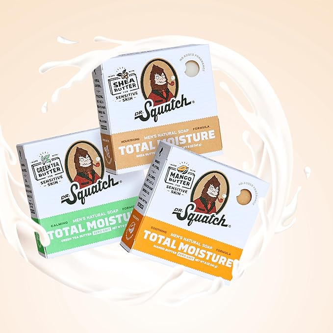 Dr. Squatch NEW Total Moisture Bar Soap for Men - No Added Fragrance Formulated for Sensitive Skin - Shea Butter, Mango Butter & Green Tea Butter (5 oz, 3-pack)