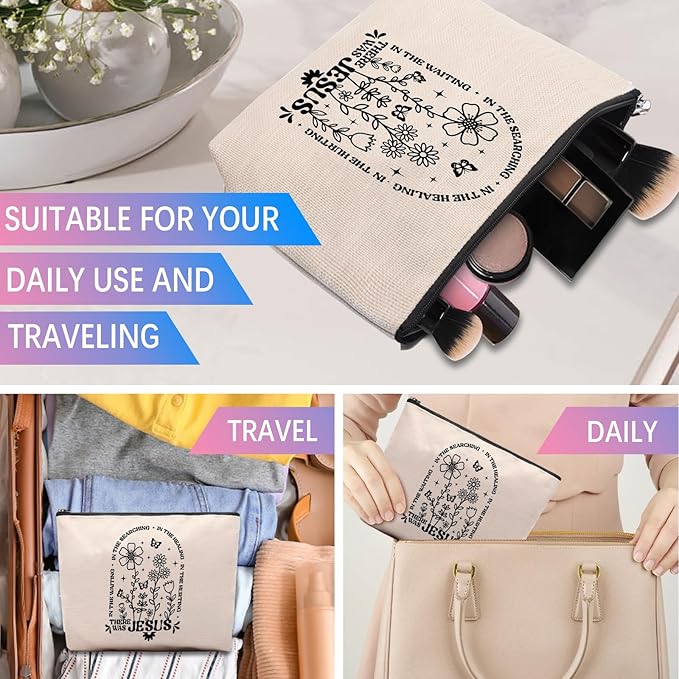 Boho Floral Christian Makeup Bag, Christian Gifts for Women, Bible Stuff Prayer Supplies, There Was Jesus Cosmetic Bag Pouch