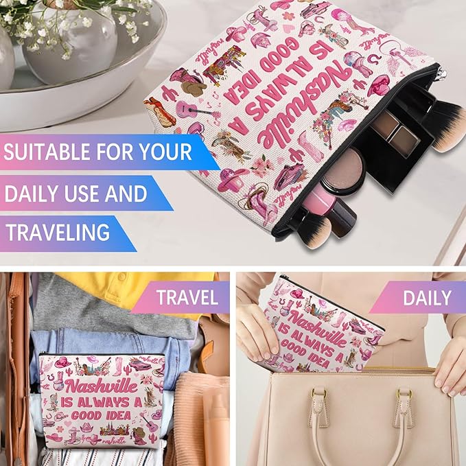 Nashville Travel Gifts Makeup Bag, Nashville Lover Accessories Souvenirs, Country Music Gifts for Traveller Women Friends, Birthday Bachelorette Party Favors Women Trip Cosmetic Bag Pouch