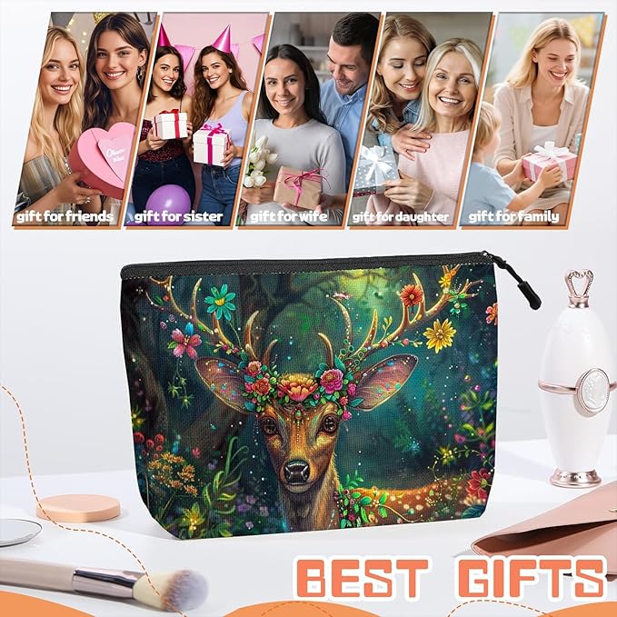 Cosmetic Bags Travel Makeup Toilet Case Waterproof Pouch for Women Girls 6.7X9.45inches - Deer'S Graceful Look With Blooming Antlers