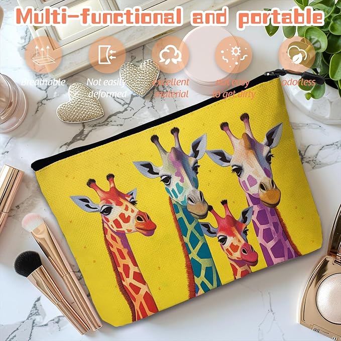 Cosmetic Bags Travel Makeup Toilet Case Waterproof Pouch for Women Girls 6.7X9.45inches - Colorful Giraffes Against A Yellow Background