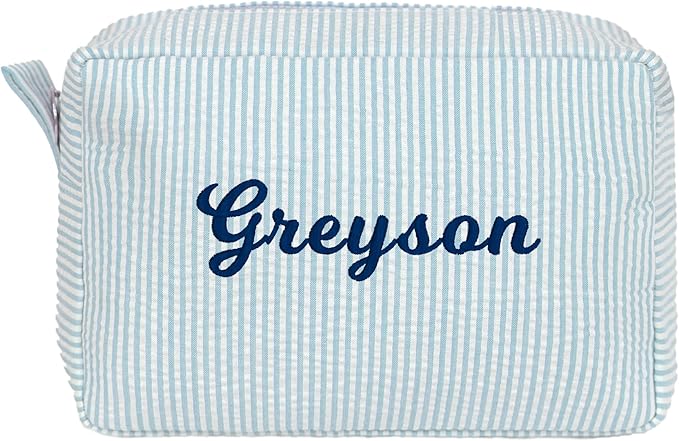 MT WORLD Personalized Cosmetic Bag Cute Makeup Bag for Women Girls Seersucker Bridesmaid Travel Makeup Bag Aesthetic Toiletry Bag Organizer Storage Pouch (Aqua)
