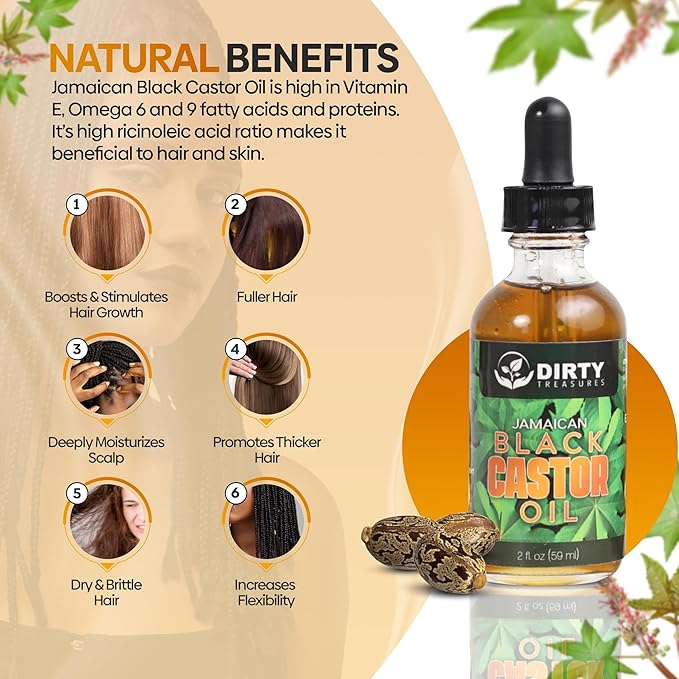 Dirty Treasures Organic Jamaican Black Castor Oil, Hexane Free, Premium Pure Black Castor Oil for Hair Growth and Skin Conditioning - 2oz