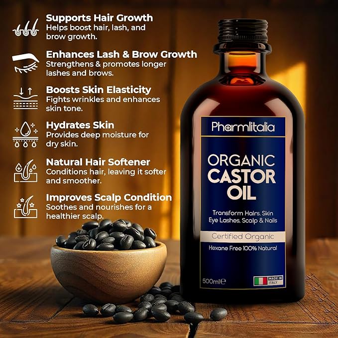 Caster Oil Organic Cold Pressed Unrefined Glass Bottle - Organic Golden Castor Oil for Face, Scalp, Eyelashes, Skin Care and Nails - Aceite De Castor Organico Puro - 500ml