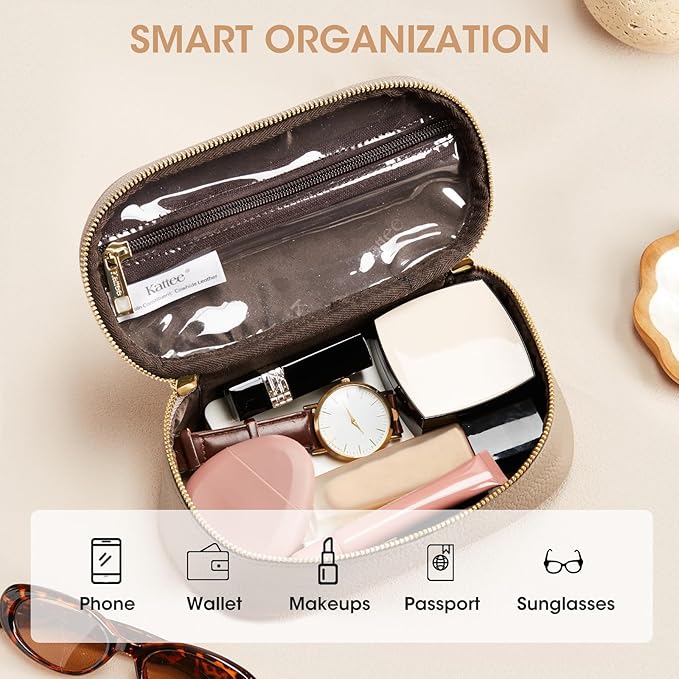 Kattee Makeup Bag for Women, Leather Cosmetic Bag, Working Makeup Bags for Ladies with Handles, Portable Travel Toiletry Bag,Apricot