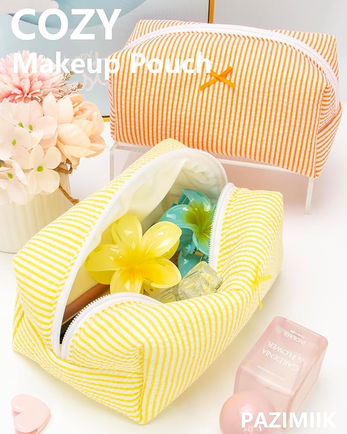 PAZIMIIK Cozy Makeup Bag Small Aesthetic Travel Zipper Cosmetic Pouch for Women Make Up Beauty Accessories Brushes, Stripe Yellow
