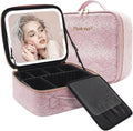 Travel Makeup Bag with LED Mirror – 3 Brightness Modes, Portable Lighted Makeup Case with Adjustable Dividers, Cosmetic Organizer Gift for Women (Pink)