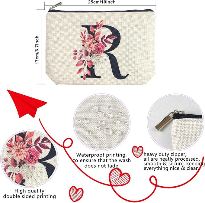 Initial A-Z Personalized Floral Makeup Bag, Monogrammed Birthday Gifts for Women Mom, Mothers Day Christmas Gift Ideas for Best Friend, Bride Bridesmaid, Her, Grandma, Small Travel Cosmetic Bag (R)