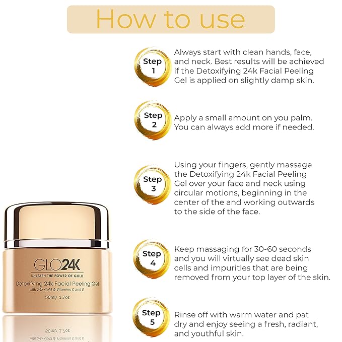 GLO24K Facial Peeling Gel with 24k Gold and Vitamins C,E. For optimal Exfoliation and Microdermabrasion. Restore and Revive your Skin.