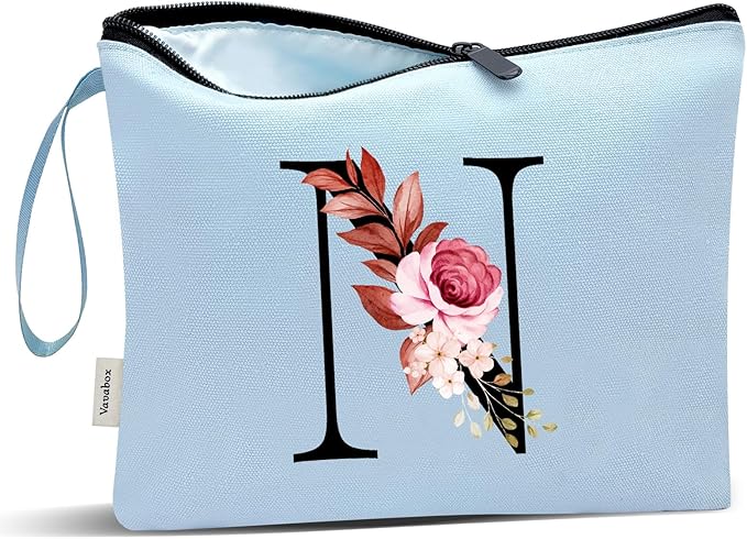 Vavabox A-Z Personalized Makeup Bag, Birthday Gifts for Women Mom, Gifts for Best Friend, Bride Bridesmaid Cosmetic bag (N, Blue)