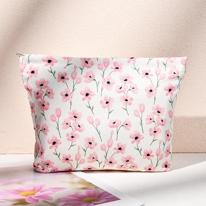SOIDRAM 2 Pieces Flower Makeup Bag Large Floral Cosmetic Bag Capacity Canvas Mix Travel Toiletry Bag Organizer Cute Makeup Brushes Aesthetic Accessories Storage Bag for Women, Flower Mix Pink