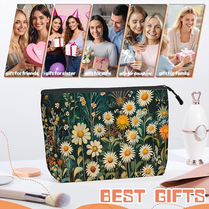 Cosmetic Bags Travel Makeup Toilet Case Waterproof Pouch for Women Girls 6.7X9.45inches - White Daisies And Yellow Marigolds in Wild