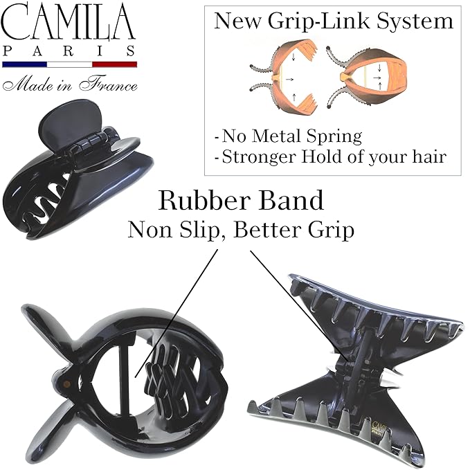 Camila Paris MP2 French Hair Clip for Women, Girls Hair Claw Jaw. Black, Fashion Durable and Styling Hair Accessories for Women, No Spring Grip Link System, Strong Hold No Slip, Made in France
