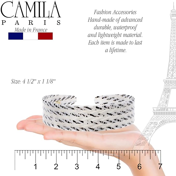 Camila Paris CP3462 French Headband for Women, Handmade White and Gray, Strong Hold Grip Women's Hair Band, Ligth and Very Flexible, No Slip and Durable Styling Girls Hair Accessories, Made in France