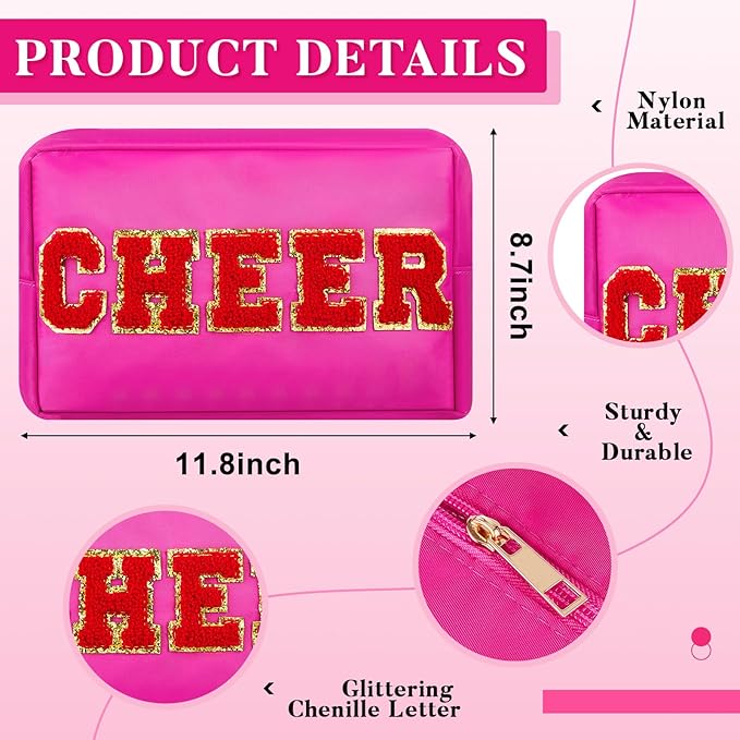 6 Pcs Cheer Makeup Bag Cosmetic Bag with Chenille Letter Patches Waterproof Portable Cheerleader Toiletry Zipper Pouch for Girl Women Appreciation (Bright Colors)