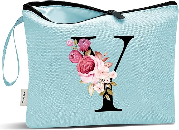 Vavabox A-Z Personalized Makeup Bag, Birthday Gifts for Women Mom, Gifts for Best Friend, Bride Bridesmaid Cosmetic bag (Y, Green)
