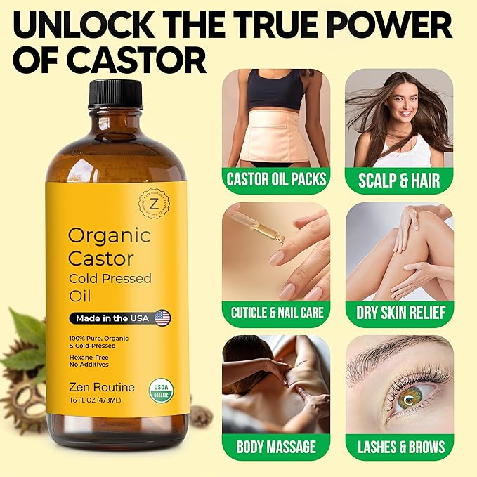 Zen Routine Organic Castor Oil (Glass Bottle - 16oz / 2-Pack) Hexane Free – Hair Growth Oil, Eye Lashes & Stomach, Pure 100% Cold Pressed Unrefined Castor Pack Wrap – USDA Certified, Made in the USA