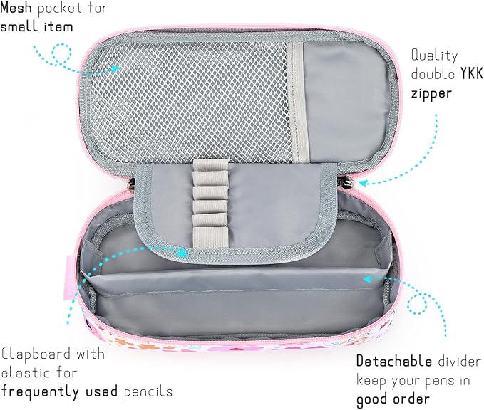 mibasies Girls Pencil Case for Kids, Multi-Slot Pencil Pouch, Flower Pink White