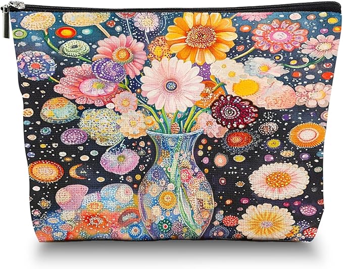 Makeup Bag Travel Cosmetic Bags Small Makeup Case Waterproof Zipper Pouch for Women Girls 7X9inches - Colorful Flowers in A Blue Vase with Dots