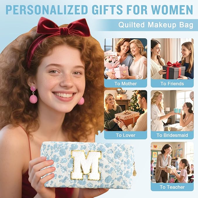 Personalized Quilted Cosmetic Bag, Puffy Monogrammed Christmas Birthday Gifts for Women & Girls, Cute initial Floral Makeup Bag Puffer Coquette Bag, Aesthetic Travel Toiletry Zipper Pouch(Blue,M)