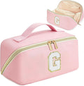 for Christmas Day Gifts, Makeup Bag for Women, PU Leather Travel Toiletry Bags, Initial Make Up Cosmetic Pouch for Teen Girls, Wide Open Portable Skincare Bag, Personalized Birthday Gifts, Pink G