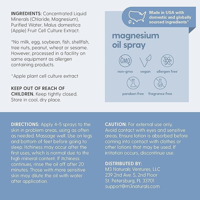 Unscented Magnesium Lotion & Spray for Sleep, Suitable for Sensitive Skin, Helps with Muscle Relaxation, Soothes Tired Legs & Foot Aches and Supports Restful Nights, 8 & 12 fl oz by M3 Naturals