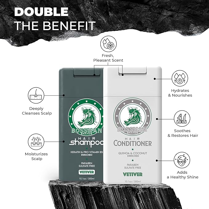 Bossman Hair Shampoo and Conditioner Combo - Hydrating, Strengthening, and Soothing Formula for Men's Hair - Paraben Free & Sulfate Free (Vetiver X) - Packaging May Vary