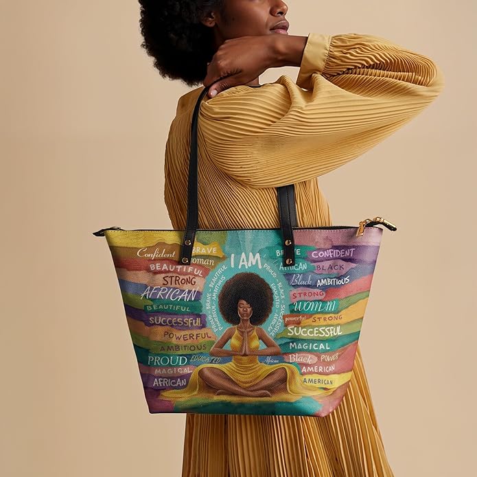African Black Women's Leather Tote Bag, Large, Premium Vegan Leather, Full Zip, Perfect Christmas Gifts For Women