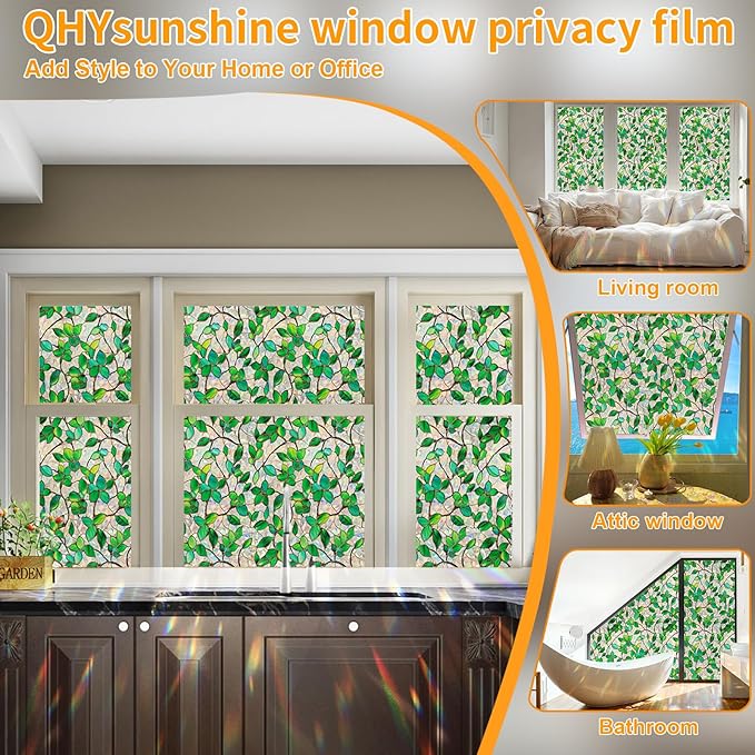 Stained Glass Window Privacy Film Decorative Rainbow Static Clings – Ideal for Home & Office, Adhesive-Free, Removable, UV-Blocking (Green Rainbow, 17.5 X 157.4 in)