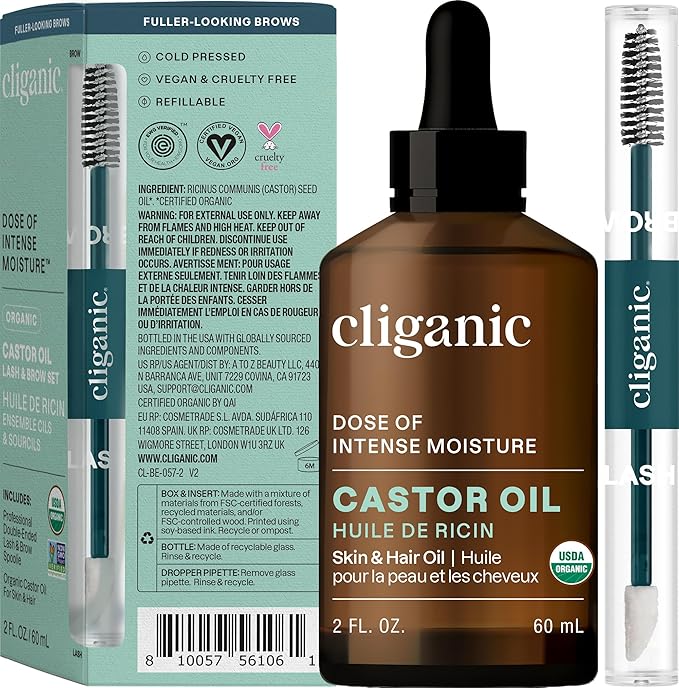 Cliganic Organic Castor Oil, 100% Pure (2oz Glass Bottle with Eyelash Kit) - For Eyelashes, Eyebrows, Hair & Skin (Packaging May Vary) (Pack of 2)