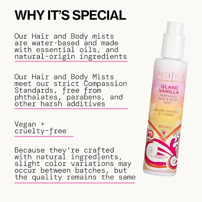 Pacifica Island Vanilla Hair Mist Perfume and Full Body Spray for Women - Fragrance Spray for A Mood-Lifting Experience, Paraben-Free, Clean Beauty No Alcohol, Vegan & Cruelty-Free, 6 oz oz