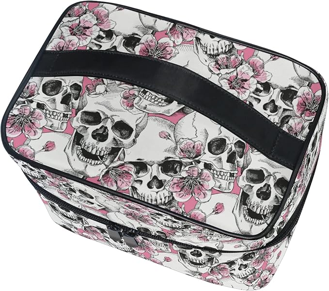 Makeup Bag, Halloween Skull Flowers And Pink Cherries Travel Makeup Organizer Bag Cosmetic Cases Toiletry Bags for Girl Women Ladies