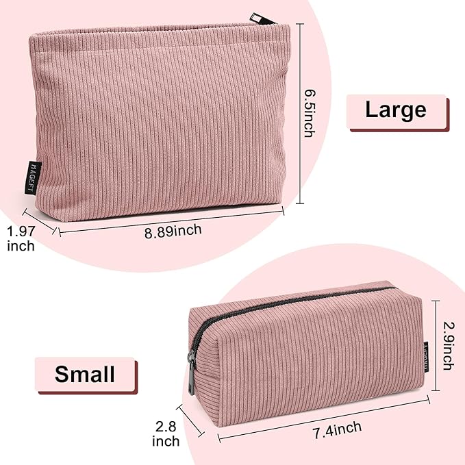 MAGEFY 2 Pcs Makeup Bags for Women, Corduroy Make up Bag for Purse Travel Makeup Bag Small Cosmetic Bags with Zipper Makeup Pouch for Travelling - Dusty Pink