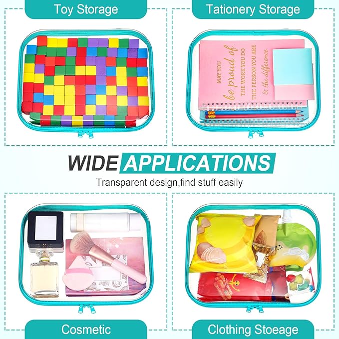 Sanwuta 6 Pcs Clear Hard Zipper Case Hard Plastic Zipper Pouches Makeup Bag Pencil Pouches Transparent Cases for Snacks Plastic Storage Organizer Box for Travel(Teal,9.84 x 7.87 x 2 Inch)