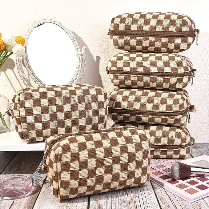 SOIDRAM Checkered Makeup Bag Preppy Cosmetic Bag Bulk Brown Makeup Pouch Personalize Travel Toiletry Bag Organizer Cute DIY Makeup Brushes Storage Bag for Women